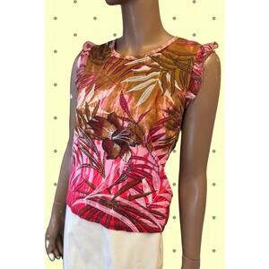 Vintage colorful tank florals ruffle sleeves y2k size S tropical leaf hibiscus